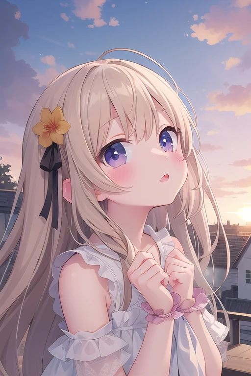 Super detailed,masterpiece,highest quality,close,outdoor,town,1 girl,sunset,Upper body,looking up at viewer,blush 