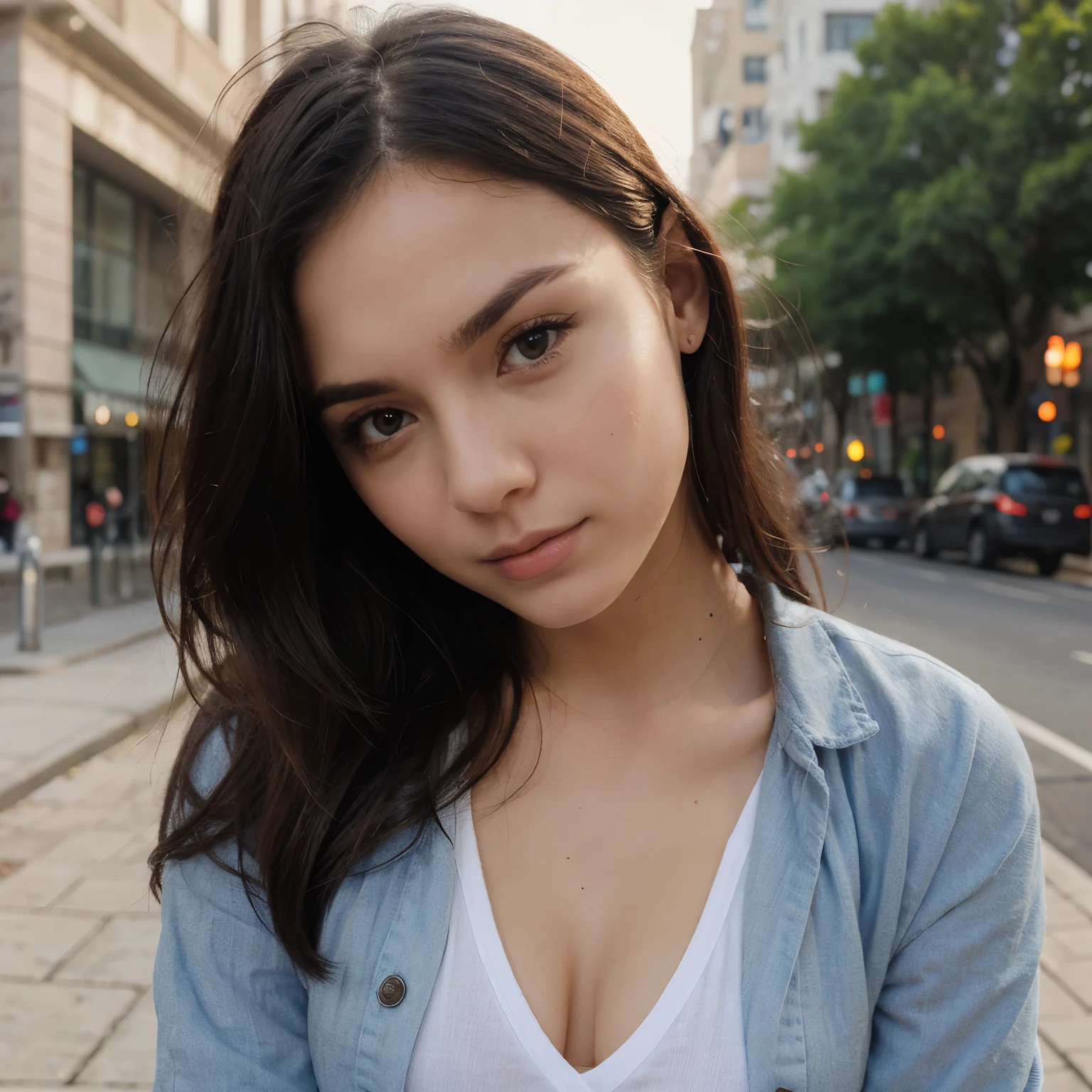 Masutepiece、highest qualityr、high resolusion、Eleonora Pavinato, 23 years old, Younger headshot, looking cute, cute pose, Beautiful busty girl, Black long hair, wearing casual clothing, in the city