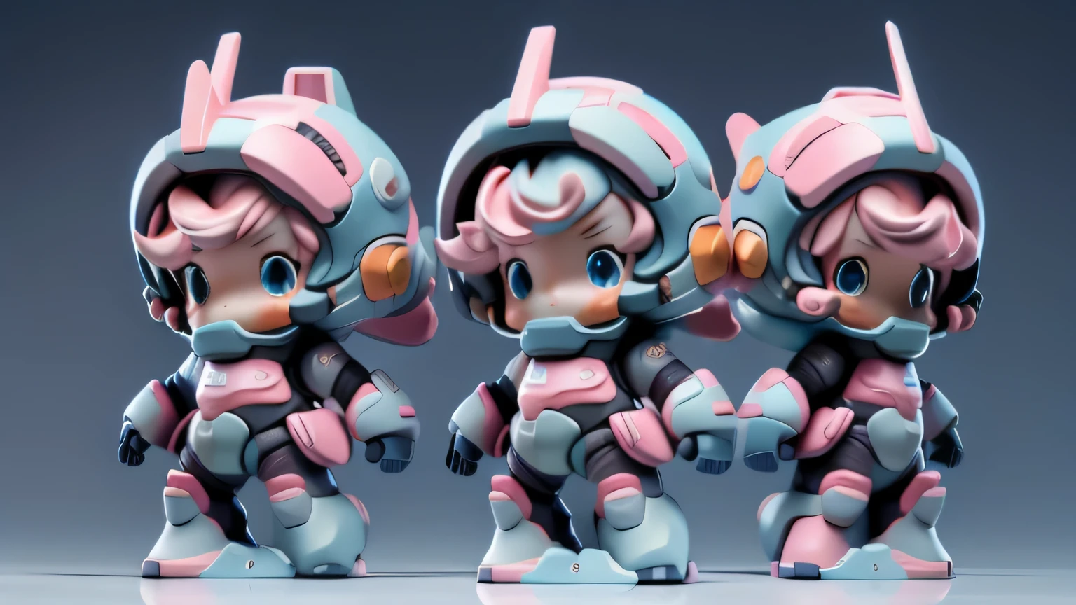 Three figurines of girls with blue hair and pink clothes, stylized anime, Lovely 3D rendering, Anime style 3D, 3D rendering character art 8k, female explorer mini cute girl, 3D rendering stylization, Rendering of a cute 3D anime girl, anime stylization, anime style 4k, Lovely and detailed digital art, Portrait anime space cadet girl,masterpiece,higher detail,bright colors,rim light