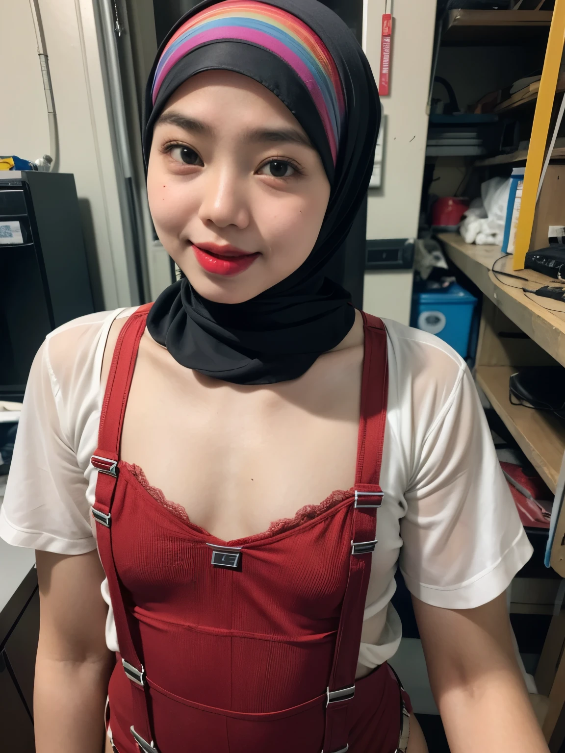 (WEARING SUSPENDER), ((Open mouth)), Naked singlet (((HIJAB MALAY GIRL))), masutepiece, High quality, UHD 32K, Realistic face, Realistic skin feeling , A Japanese Lady, 8 , , Very cute and baby-like face, (((FLAT CHEST))), (MATRIX WORLD), ((look In front  at the camera and SADNESS)), ((())), (((CUTE GIRL))), ((RED LIPS)), ((Wearing Lingerie Suspender)), ((CHUBBY)), (undress, Rainbow, work in an iron and gas welding workshop 