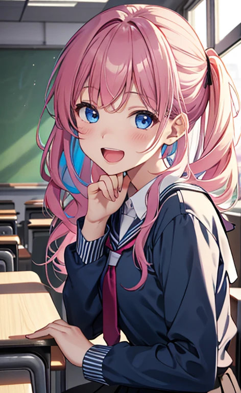 (masterpiece、top-quality、8k size wallpaper、offcial art)、(face focus:1.6,portrait,upper body:1.6)、(1girl),(very loud laugh,Open mouth:1.3),closed eyes,cute face,blue eyes、twintails、
,(stand),
,(sexy body),(school uniform),(long fluorescence pink hair1.3), (small breasts)、
、fluorescence、classroom,JK、