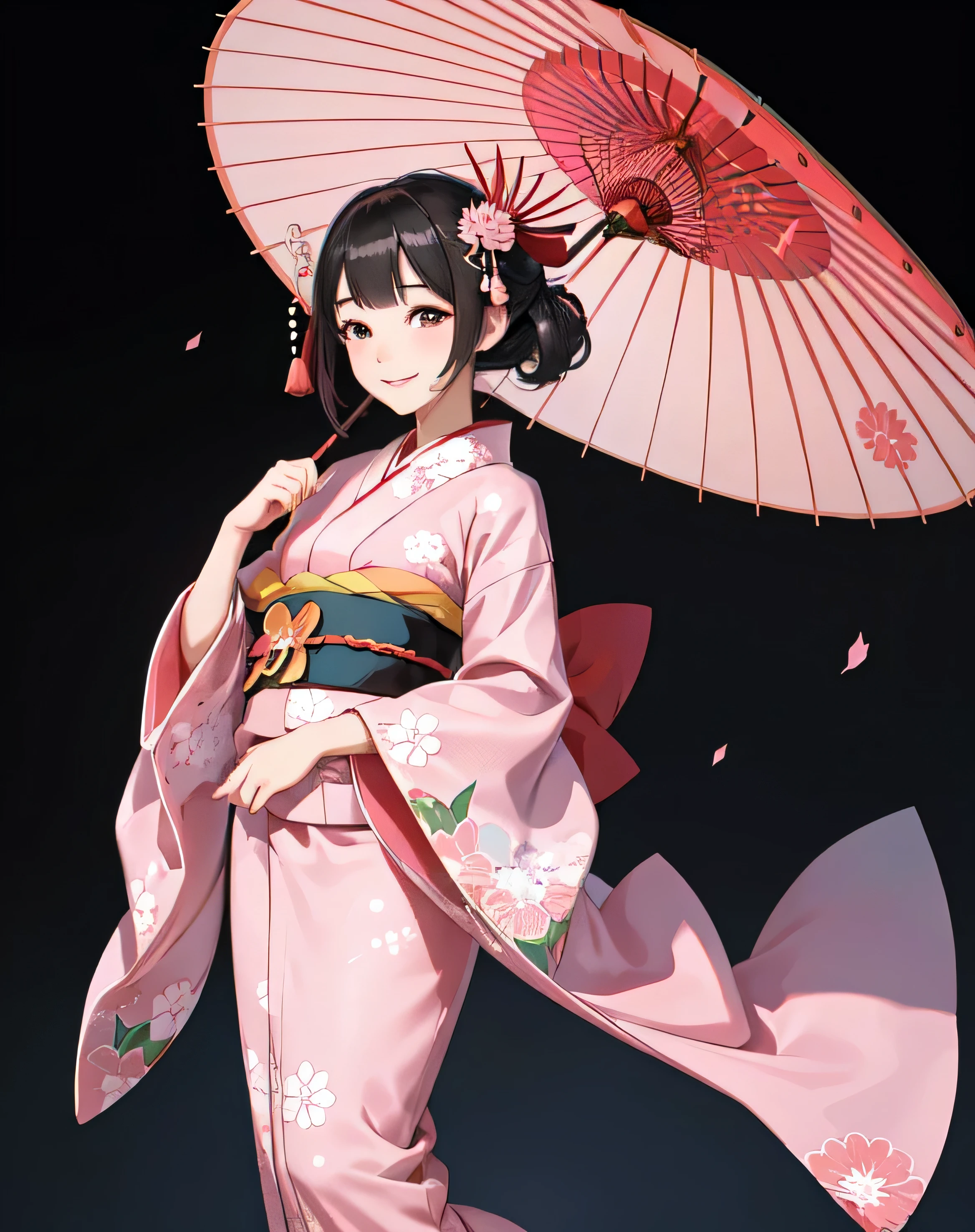 Smile,Japanese Maiko,The outfit is a cute and beautiful pink furisode kimono.,illustration style,Walking outside a Japanese house in Kyoto in illustration style,Holding a red umbrella,Smaller than normal body type,The face is powdered,