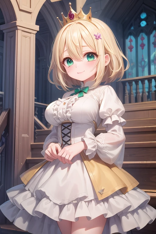 Extremely detailed, disorganized, ultra high resolution, Super detailed, highest quality,
1 girl, alone, nice hands, perfect hands,
break
princess, princess dress with lots of frills, tears in hair,
Smile, smile, closed mouth,
Are standing, cuteポーズ,
45 cents, cowboy shot,
break
slender, cute, perfectly symmetrical face, 超cute girl, 超cute face, highly detailed eyes, Super detailedな髪, 超cute, super beautiful,
break
(fantasy world, at the castle), Depth of the bounds written,
medium big breasts,
break
blonde hair, medium hair, messy hair, green eyes, hair between eyes