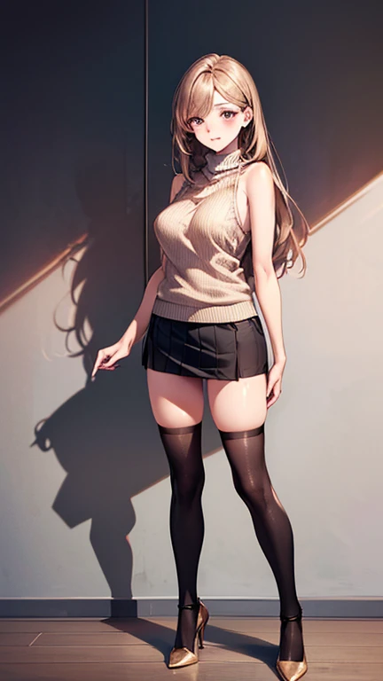 8K,(masterpiece:1.2, highest quality), (realistic:1.3), detailed eyes,beautiful illustrations, (natural side lighting, movie lighting), NSFW:1.0, (looking to the side), (full body, Front view), (panty shot), 1 girl, Japanese, female teacher, perfect face, Cute symmetrical face, shiny skin, (long hair, straight hair, light brown hair), asymmetrical bangs, (gold eyes), long eyelash, (medium breasts), thin, beautiful hair, beautiful face, detailed and beautiful eyes, beautiful clavicle, beautiful body, beautiful breasts, beautiful thighs, beautiful feet, beautiful fingers, lace panties, ((Brown sleeveless high neck sweater, black tight mini skirt)), ((lift the skirt yourself)), (beautiful scenery), evening, (school classroom), Are standing,wearing high heels, (embarrassing, upper eye, close your mouth),