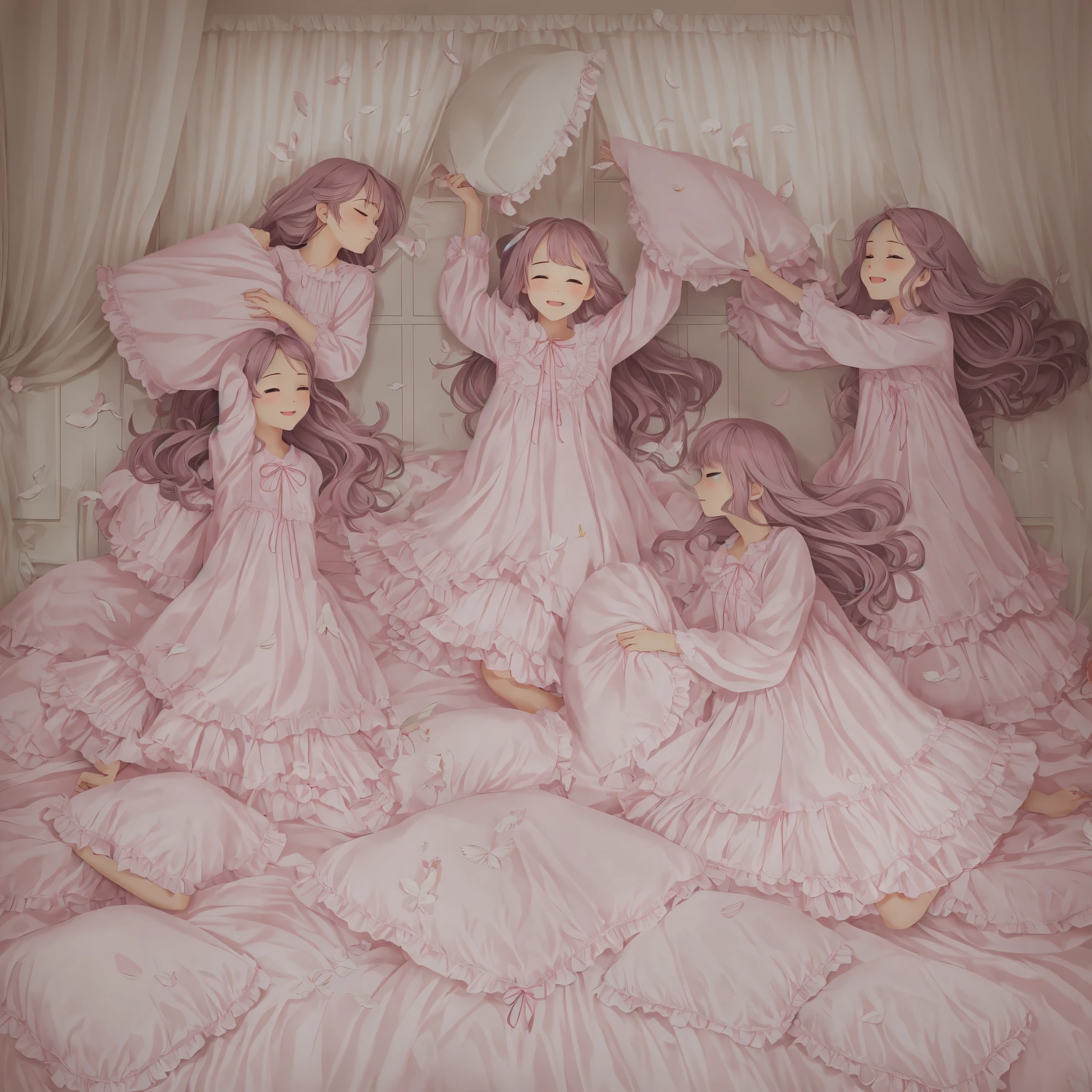 Happy girls fighting with pillows at pajama party。Many small feathers fluttering、Long-sleeved, long-skirted nightgown with frills and ribbons、On a huge, wide canopy bed、Soft pink bedsheets and comforter、Colorful soft pillows、Lots of frilly pillows and a frilly bed skirt、pastel colored bed、There are frilly curtains surrounding the bed.。detailed face。background with depth,