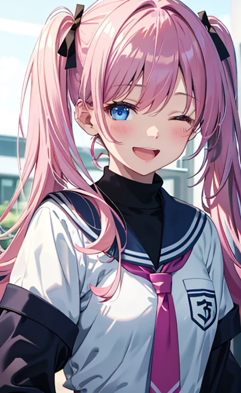 (masterpiece、top-quality、8k size wallpaper、offcial art)、(face focus:1.6,portrait,upper body:1.6)、(1girl),(very loud laugh,Open mouth:1.3),(closed eyes),cute face,blue eyes、twintails、
,(stand),
,(sexy body),(school uniform),(long fluorescence pink hair1.3), (small breasts)、
、fluorescence、classroom,JK、