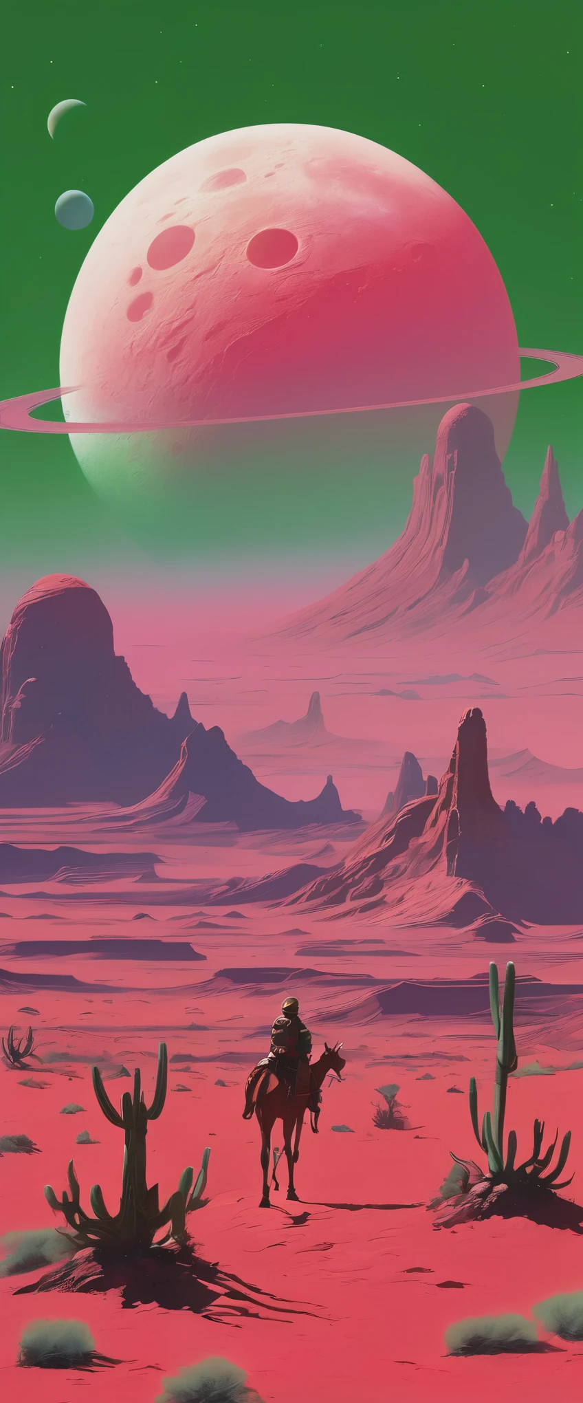 Main colors: pink, green and white，Chesley Bonestell&#39;s style，Depicting an adventurer wandering an alien desert under the light of a giant 粉Red moon，The screen contains dynamic elements，Like flying dust、Distant alien plants and strange objects in the sky，Use wide-angle viewing to create immersion，Stylish with Charles Dana Gibson。minimalist，Graphical，Oriental Wonders，Red，galaxy，universe space