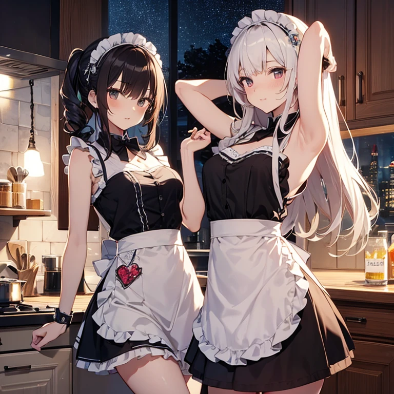 A group of maids, (in kitchen), various hair styles, harem, wearing maid uniform, night, details face, , short skirt, seducing, sleeveless , night, starry night, armpits