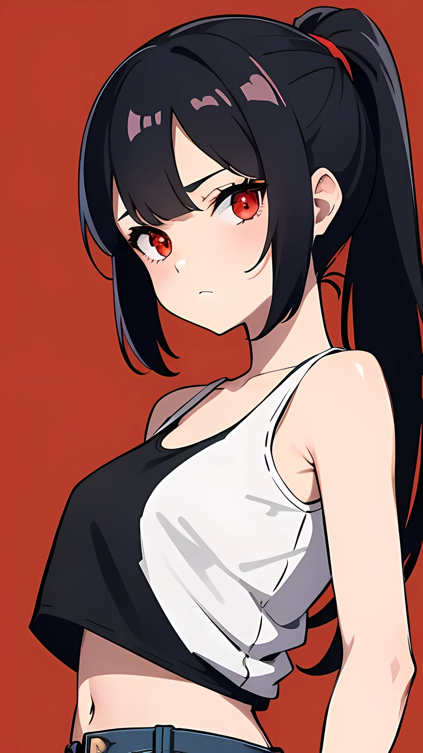 solid outline,1girl,solo,upper body,looking at viewer,facing viewer,ponytail,black hair,red eyes,twin parted bangs,hair pulled back,black thighhighs,denim shorts,white tank-top