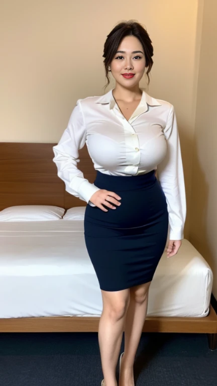 最high quality, 8K, lively, sharp focus, high quality, High resolution, middle-aged women, mature woman, 49 years old,((Full body shot 0.85)) (Full body Esbian), (Detailed face wearing high heels, highly detailed eyes, thick lips, plump body shape、plump face、((big breasts 2.3))、good posture、((On a white blouse))、((navy blue tight skirt))、love hotel room、random hairstyle、gentle smile、


