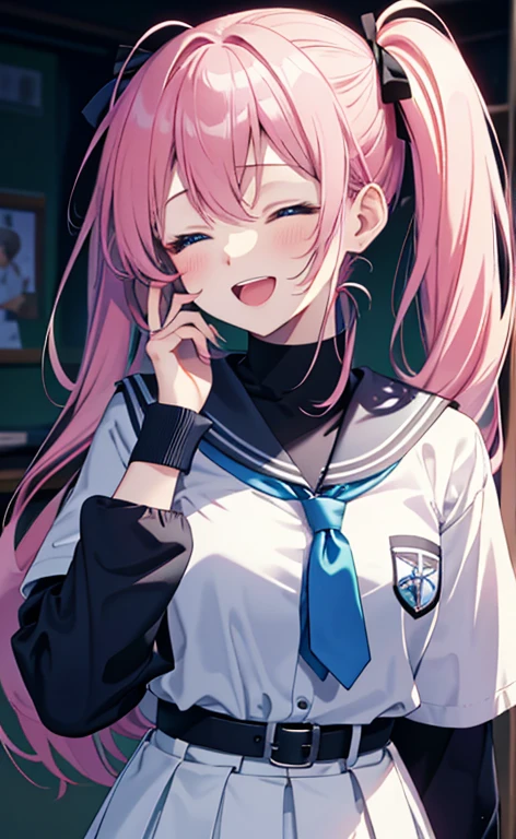 (masterpiece、top-quality、8k size wallpaper、offcial art)、(face focus:1.6,portrait,upper body:1.6)、(1girl),(very loud laugh,Open mouth:1.3),(closed eyes),cute face,blue eyes、twintails、
,(stand),
,(sexy body),(school uniform),(long fluorescence pink hair1.3), (small breasts)、
、fluorescence、classroom,JK、