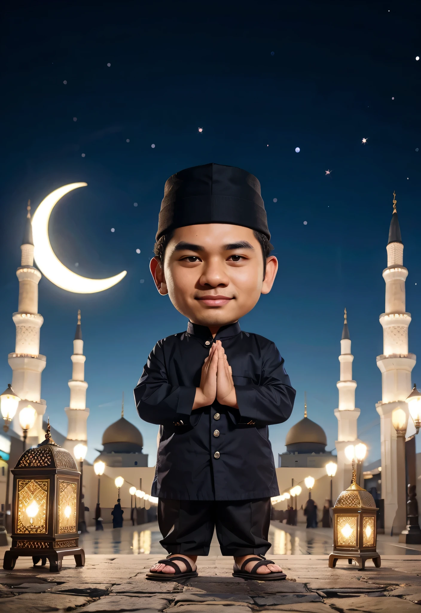 Caricature of a Indonesian young man wearing navy Muslim clothes, black trousers, wearing flip-flops and wearing a black skullcap, standing with namaste hands in front, background of the Nabawi Mosque, night with lots of stars and a crescent moon, decorative ketupat lamps, realistic