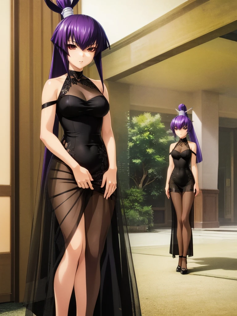 nsfw , Koubuin Yuuhi, , (((highres official art))) , (((1girl))) ,(((black see-through dress))) , blue hair , purple hair , high ponytail , standing ,party venue