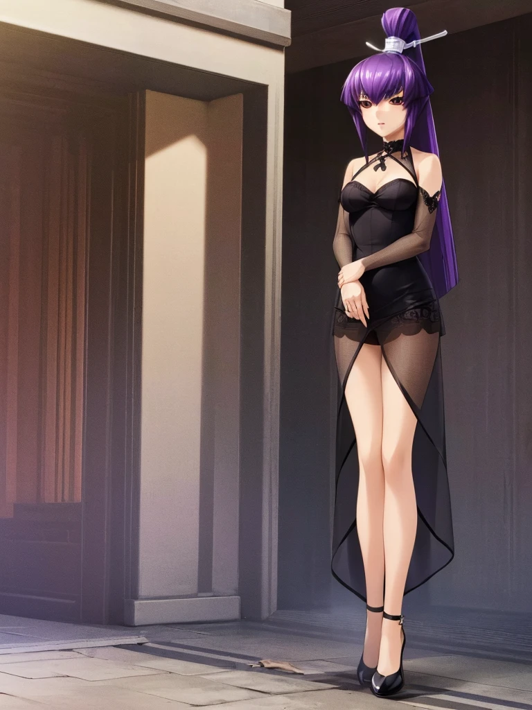nsfw , Koubuin Yuuhi, , (((highres official art))) , (((1girl))) ,(((black see-through dress))) , blue hair , purple hair , high ponytail , standing ,party venue