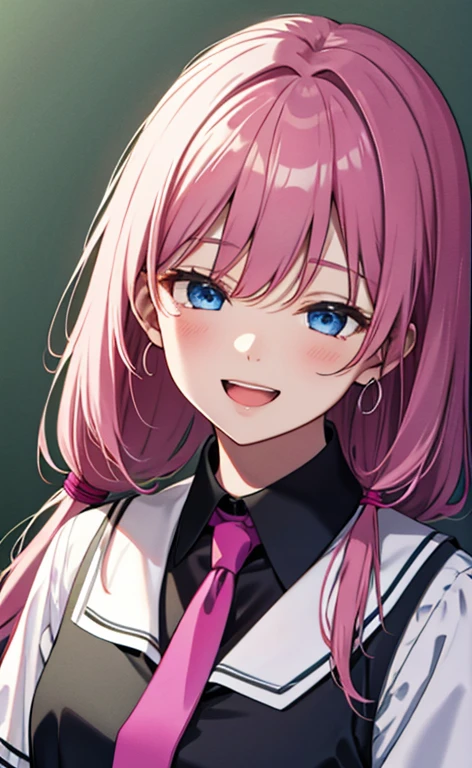(masterpiece、top-quality、8k size wallpaper、offcial art)、(face focus:1.6,portrait,upper body:1.6)、(1girl),(very loud laugh,Open mouth:1.3),(closed eyes),cute face,blue eyes、twintails、
,(stand),
,(sexy body),(school uniform),(long fluorescence pink hair1.3), (small breasts)、
、fluorescence、classroom,JK、