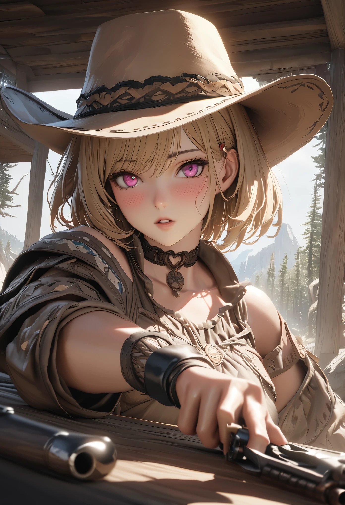 masterpiece,highest quality, Super detailed, High resolution, expensive resolution, HDR, 4k, 8K, unity 8k wallpaper, Super detailed CG, masterpiece, realistic, 2D, 3D, beautiful details, depth, fine texture , super fine: 1.3, Fully focused, Crispy.skin, .he,
Very cute anime girl 、Desolate wilderness、cowboy styleの衣装、cowboy hat、cowboy boots、hand gun、mexican wilderness、duel、hand gunを持って立っている、blonde short hair wearing expensive , one girl、alone, blonde short hair, cowboy style、cowboy hat、hand gun、duel、cowboy bootole under the eye, looking at the viewer , expensive , blush, mole, parted lips, hair ornaments, heart, pink eyes, choker