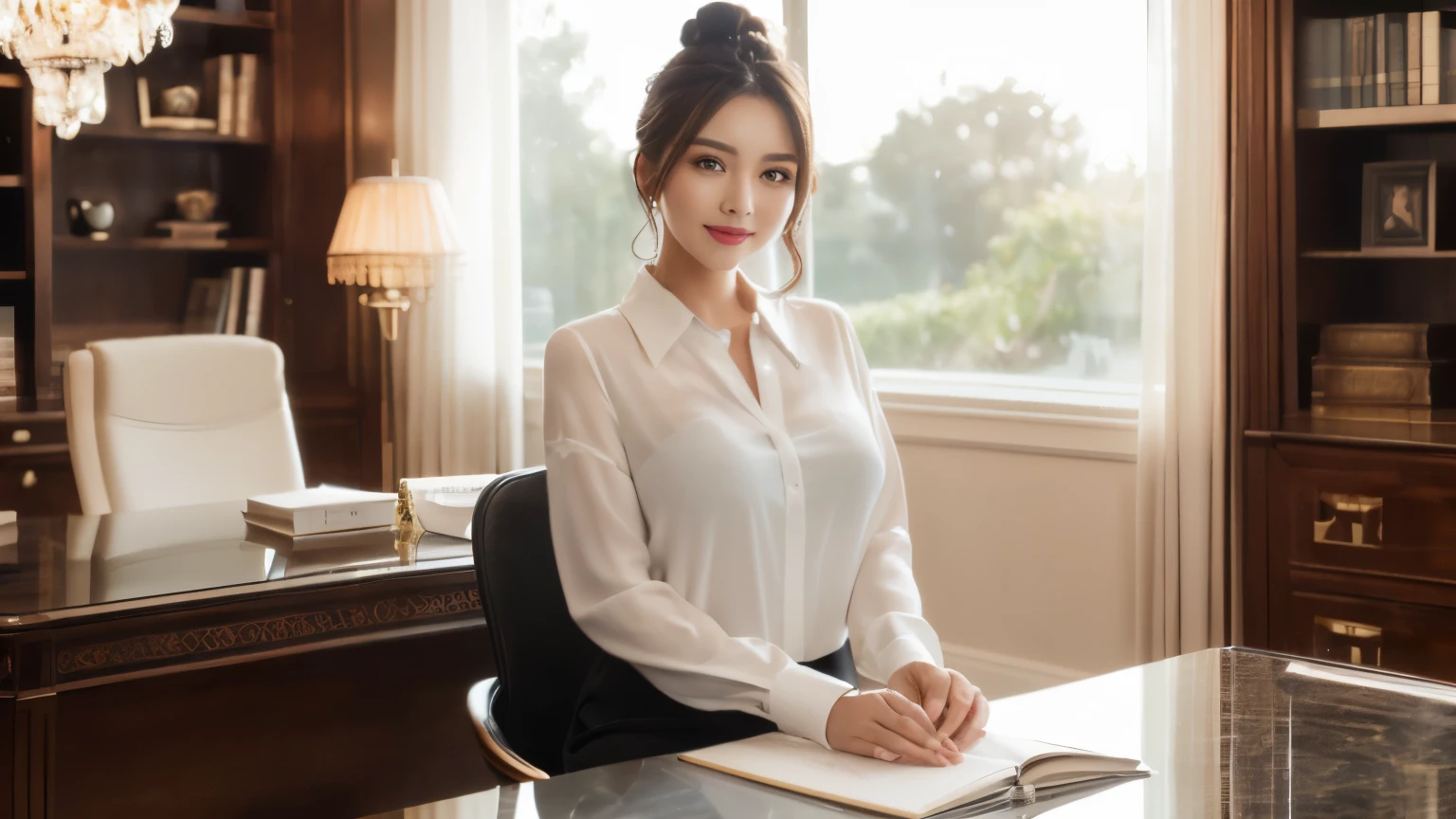 ((highest quality、table top、8K、best image quality))、((1 mature woman、She holds the most luxurious CEO position&#39;office of、stand gracefully、Secretary with elegant posture))、(photo of woman&#39;s upper body:1.1)、(bun hair、gray suit、White Formal Blouse)、(The most luxurious and luxurious royal VIP room、bright lighting of chandelier、The most luxurious and precise desk、The most luxurious and accurate glass showcase、The most luxurious and accurate chair、The most luxurious and accurate carpet、The most luxurious and accurate bookshelf、The most luxurious and accurate curtains)、((perfect anatomy))、beautiful teeth、sad smile、detailed face、[[big and full breasts]]、((Perfect fit、precision blouse))、thin、(Accurate and natural furniture placement:1.1)