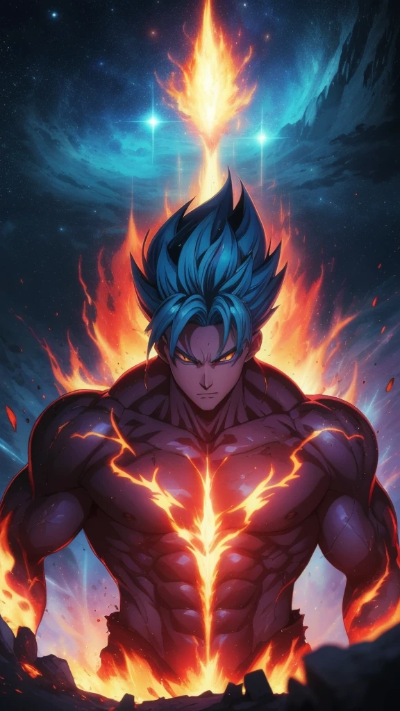 "Get ready for a visual feast,Goten has a handsome face and sharp red eyes, Glowing blue hair and tattoos, Well-proportioned portraits and landscapes, And perfect figure. In his transformed state, He exudes extreme instinct and strength, Create an epic animation about this energetic man. The flames and lava in this stunning anime artwork will amaze you. This concept art comes straight from the universe, Comic-style 8k wallpapers will take you into another dimension. Get ready to be wowed by this beautiful piece of digital anime art, Showcasing the ultimate combination of style and power.''