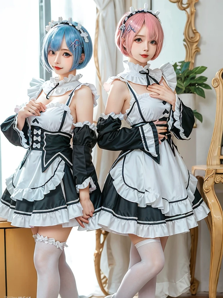 (8K, Photorealistic, Raw photo, of the highest quality: 1.3), (1girl in), Super beautiful, (Realistic face), (boyish, pink Color Berry Shorthair), Beautiful , Glare that captivates the viewer, Beautiful expression, Beautiful breasts, (Realistic skin), Be...Create a detailed and colorful image of Ram and Rem from Re:Zero, standing back-to-back in their maid outfits, with a magical fantasy background、ars old, two girls,cute, perfect face, beautiful, nice body, gothic lolita clothes, gothic lolita fashion, frilly skirt, headdress, necklace, bracelet, knee-high socks, boots, double eyelids, tear bags, Detailed down to the fingers, photo-like description, indoors, dim indoor lighting, one girl is pink hair and short bob, another girl is light blue hair and short bob,standing, sexy posing,whole body, composition that shows the whole body, smiling,The Both of them are wearing the same type of maid outfit,Optimal ratio of 4 fingers and 1 thumb