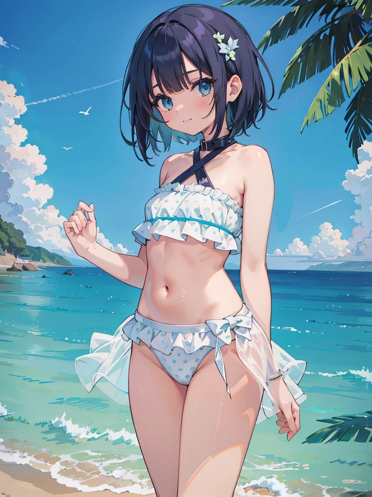 a girl standing in shallow ocean water under a clear blue sky. She has a sun-kissed complexion and a deep violet bob cut hair. She is wearing a two-piece swimsuit with a strap around the neck; the top is bandeau-style with a halter neck strap, featuring a aqua bule color with white polka dots. The top has a sweetheart neckline, accentuated with a small frilly detail along the edge, and it is underwired, providing structure. The matching bottoms have a similar frilly detail along the waistline. Her posture is relaxed yet playful as she gently touches her midriff with both hands, and she offers subtle smile, her head tilted slightly to the side, adding a sense of approachability to her demeanor, high contrast, clean lines, digital painting, vivid colors