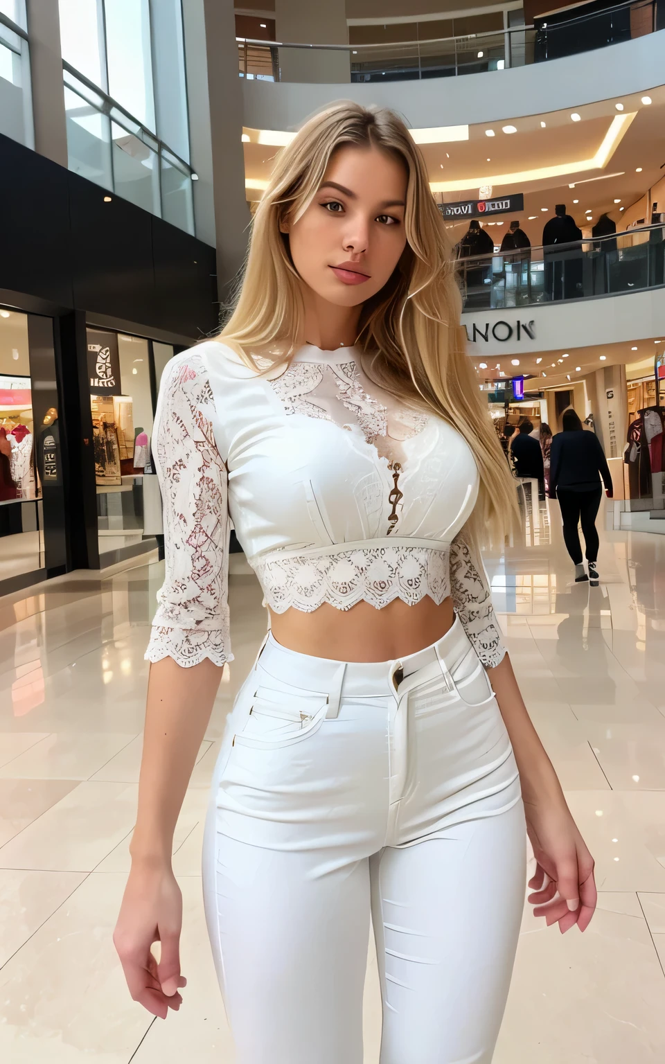 (natural blond, big tits:1.1, perfect thin body, shopping in a mall with pretty friends, realistic photography, wearing a high-waist pants and a white lace top, amateur full body photo, long shot, fully dressed),ultra-detailed,professional,natural lighting