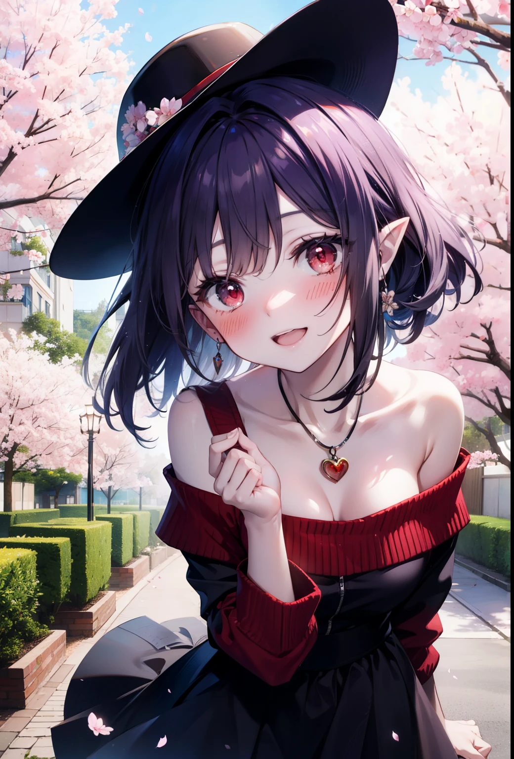 yuukikonno, yuuki konno, long hair, pointy ears, purple hair, (red eyes:1.5), (small breasts:1.2),blush, happy smile, smile, Open-mouth hunting hat,White off-shoulder sweater,bare shoulders,naked neck,bare clavicle,Heart shaped pendant,Purple long skirt,white sneakers,Cherry blossoms are scattered,cherry blossoms are blooming,Cherry Blossom Tree-lined Path BREAK looking at viewer,  full body,,(cowboy shot:1.5),
BREAK outdoors, garden,
BREAK (masterpiece:1.2), best quality, high resolution, unity 8k wallpaper, (illustration:0.8), (beautiful detailed eyes:1.6), extremely detailed face, perfect lighting, extremely detailed CG, (perfect hands, perfect anatomy),