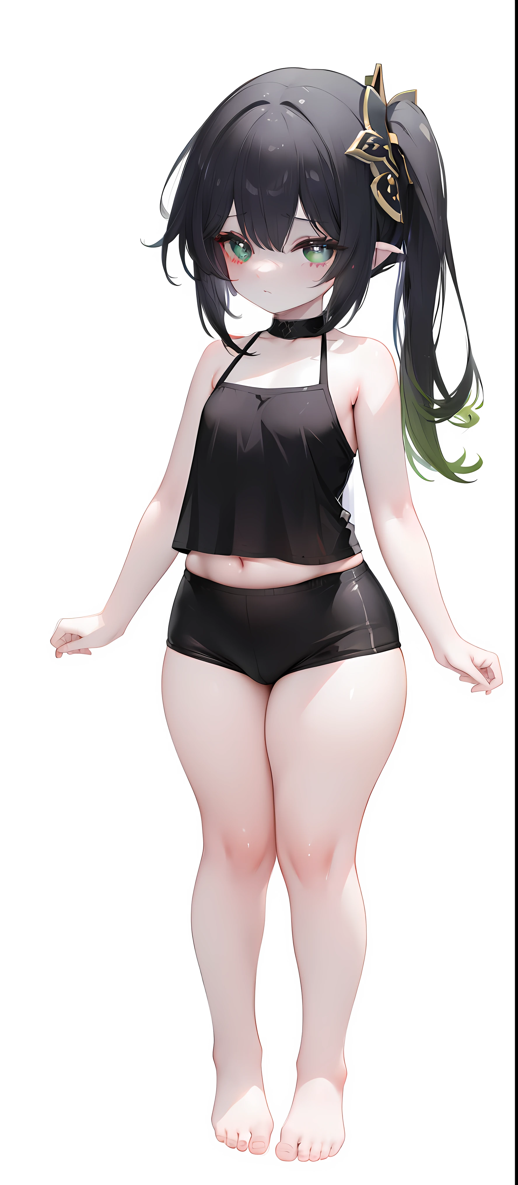 ,,cute,black hair,thick thigh ,short leather pants,black mini camisole, thick thighs,flat chest,black color tank top,black mini camisole,crop top, Nahida, loli,child chest,fullbody, thick thighs, blushing,loli,child, sta straight, head to toe capture on the frame,loli,,loli toes,bare feet,, ,white background, cute,open abdomen,perfect body ratio, body ratio, white background, front facing, looking at viewer, ,, baby girl