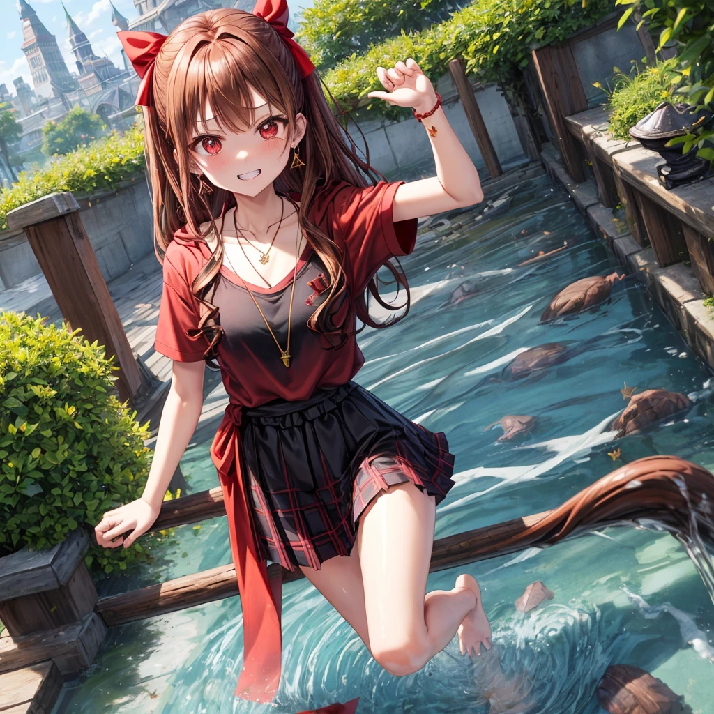 reddish-brown golden hair、red eyes、one good looking girl、solo、anime、plaid mini skirt、black camisole、black t-shirt、hoodie、wearing a ribbon、ribbon at waist、crystal earrings、Gemstone Necklace、Light and shadow、Tilting face、teeth are visible、pillar、evil looking face、Kuroko、Diamond dust、grassland、Water running down the stairs、overflowing、Ants are walking