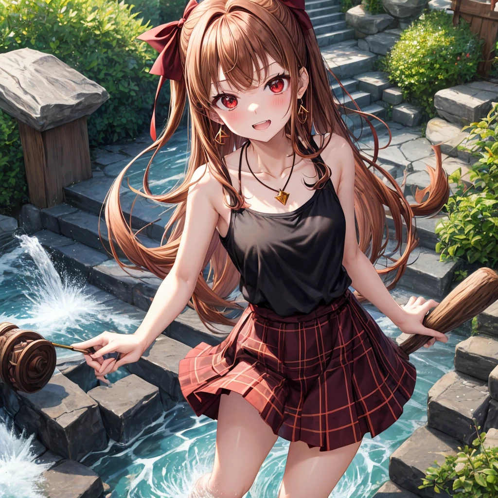 reddish-brown golden hair、red eyes、one good looking girl、solo、anime、plaid mini skirt、black camisole、black t-shirt、hoodie、wearing a ribbon、ribbon at waist、crystal earrings、Gemstone Necklace、Light and shadow、Tilting face、teeth are visible、pillar、evil looking face、Kuroko、Diamond dust、grassland、Water running down the stairs、overflowing、Ants are walking