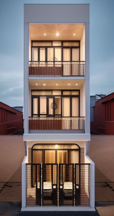 (Townhouse in city ,close houses and trees), daylight ( best quality) ((high solution)) ,(( photo realistic)) ,warm light, (sharp focont view of townhouse in style of modern,small house, Narrow area,VietNam,facade, curved arch,beautiful facade,curved windown,narrow and long ,two-storey,mutual colours, soft lighting, warm atmosphere,high Resolution, hyper detailed,4k ,vray render, octane render, hyper realistic, photography expert ,exterior design , professional photography, exterior photography,wide-angle shot , ultra detail , high Resolution , full frame, full body, There are no flower beds upstairs