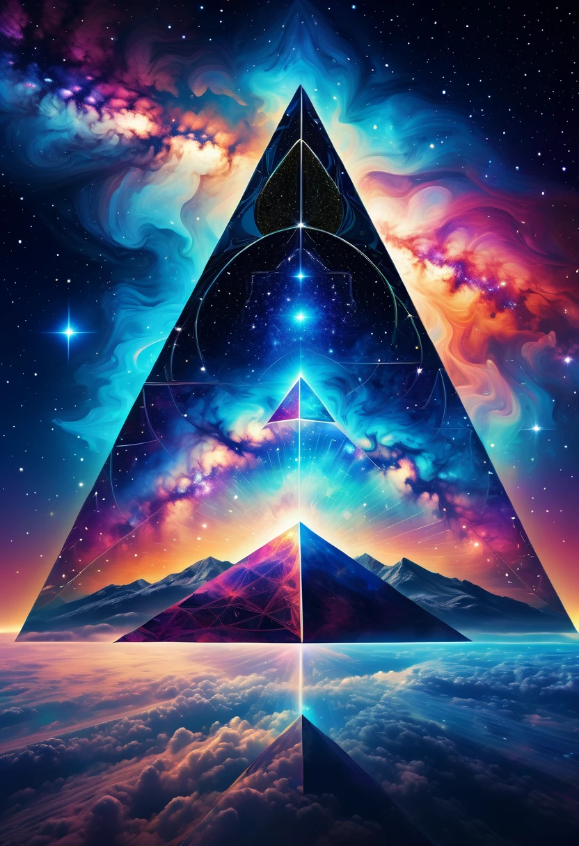 Giant triangle cybernetics，Magnificent cosmic starry sky background，Intricate illustration in surreal art style，surreal dream，Dubrec style，Transparent geometric shape close-up，（multiple exposure：1.8），