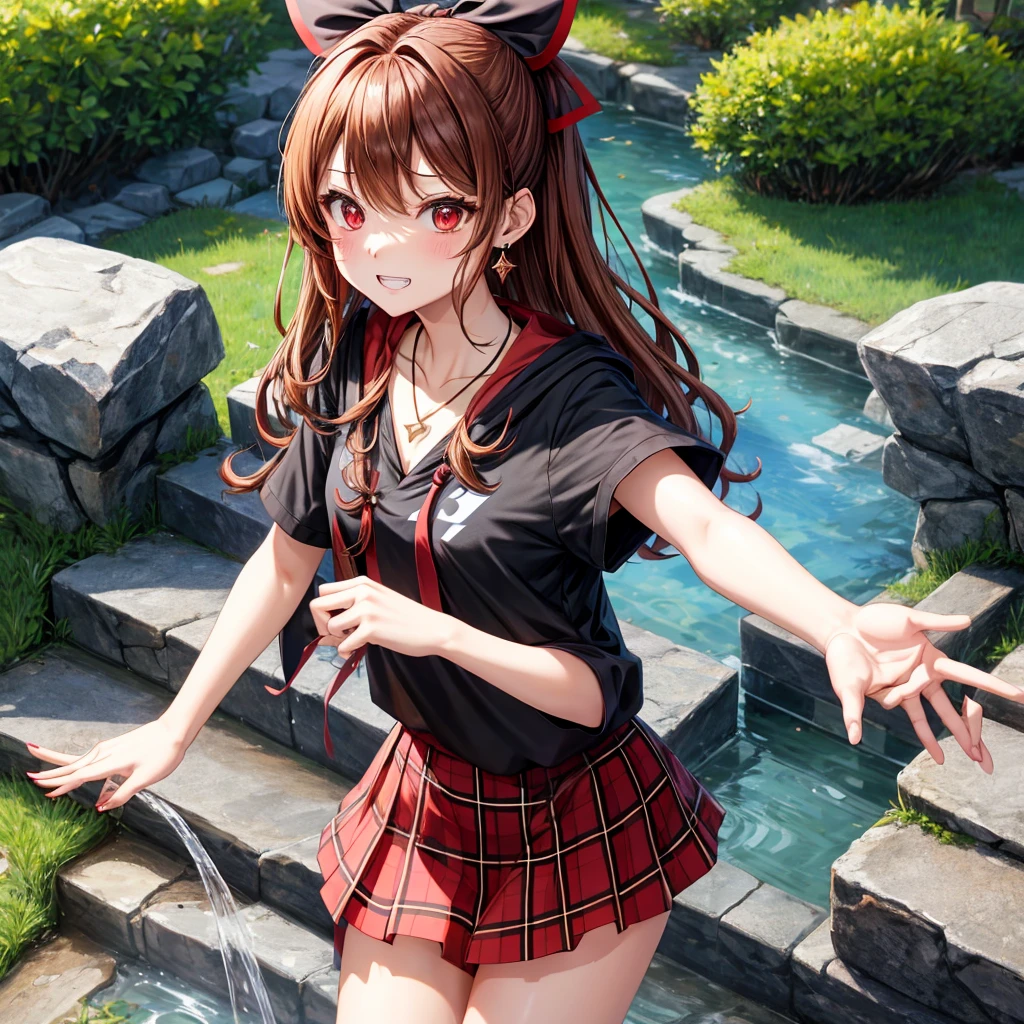 reddish-brown golden hair、red eyes、one good looking girl、solo、anime、plaid mini skirt、black camisole、black t-shirt、hoodie、wearing a ribbon、ribbon at waist、crystal earrings、Gemstone Necklace、Light and shadow、Tilting face、teeth are visible、pillar、evil looking face、Kuroko、Diamond dust、grassland、Water running down the stairs、overflowing、Ants are walking