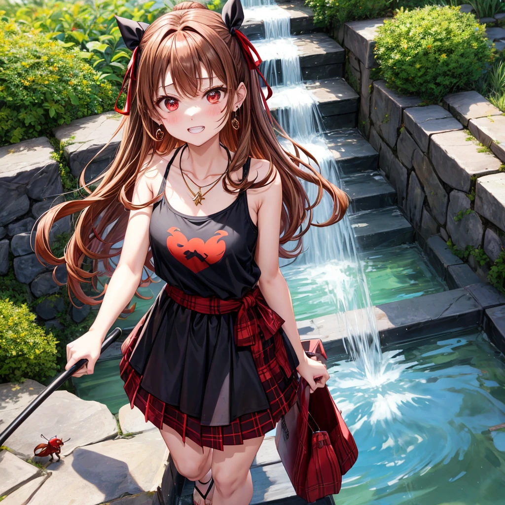reddish-brown golden hair、red eyes、one good looking girl、solo、anime、plaid mini skirt、black camisole、black t-shirt、hoodie、wearing a ribbon、ribbon at waist、crystal earrings、Gemstone Necklace、Light and shadow、Tilting face、teeth are visible、pillar、evil looking face、Kuroko、Diamond dust、grassland、Water running down the stairs、overflowing、Ants are walking