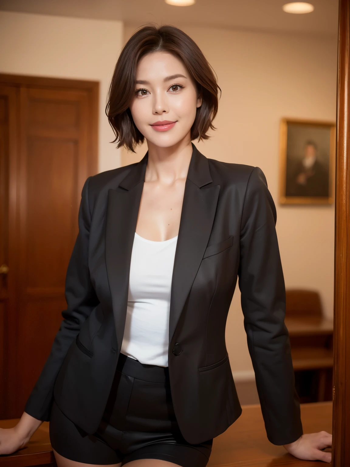 masterpiece,highest quality, (1 milf、44 years old), ((close:0.5)), ((Cross Arm)), glare, gray blazer, white shirt, double eyelid, eyelash, lip gloss, (smile:1), ((close your eyes:0.85)), ((looking at the viewer、The whole body is reflected、Are standing)), to be born, (From above:0.2), ((no one)), (office)、(black leather、knee length、knee high boots)、written boundary depth、尖ったred mouth、(reddish brown wet shiny short hair,,,,,,,,,),red mouth,clavicle、full body portrait、digital illustration, (Photoreal:1.3),(Raw photo.)