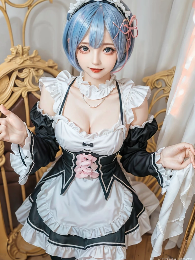 (8K, Photorealistic, Raw photo, of the highest quality: 1.3), (1girl in), Super beautiful, (Realistic face), (boyish, pink Color Berry Shorthair), Beautiful , Glare that captivates the viewer, Beautiful expression, Beautiful breasts, (Realistic skin), Be...Create a detailed and colorful image of Ram and Rem from Re:Zero, standing back-to-back in their maid outfits, with a magical fantasy background、14years old, two girls,cute, perfect face, beautiful, nice body, gothic lolita clothes, gothic lolita fashion, frilly skirt, headdress, necklace, bracelet, knee-high socks, boots, double eyelids, tear bags, Detailed down to the fingers, photo-like description, indoors, dim indoor lighting, one girl is pink hair and short bob, another girl is light blue hair and short bob,standing, sexy posing,whole body, composition that shows the whole body, smiling,The Both of them are wearing the same type of maid outfit