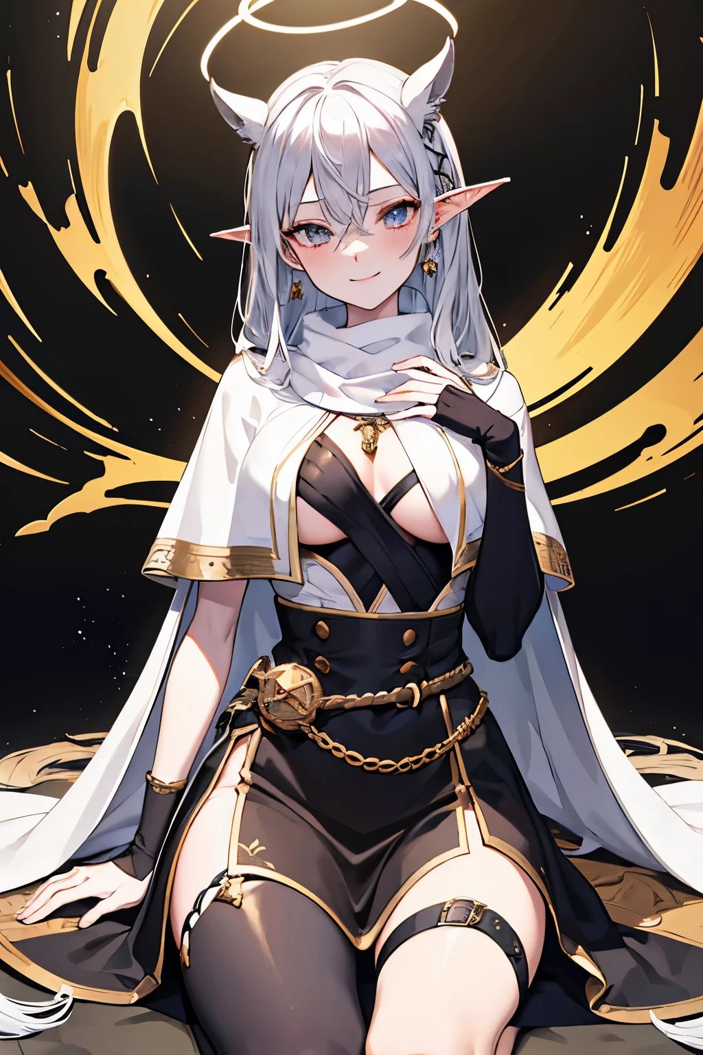 Idol style,Succubus,, Advanced art style,works of masters,16K,,Scary smile,silver hair,noble,Mink scarf,crutch,full-body shot,golden light,Advanced Cape,necklace,belt,blush,halo,Sexy figure,Lower chest display,Divine Light,Film light and shadow,Domineering,The King's Aura,arrogant,Reduce clothing fabric,Details of the face,looking down,saint,perspective,Bandage wrap around the chest,Tattoo on the chest,Fallen,dark,bicolor hair,earrings,ambiguous,Shining star eyes,Special skill,Advanced special effects,perfect waist to hip ratio,elf earurderous,horse face skirt,headgear,Recovery Effects,game screen,System pop-up