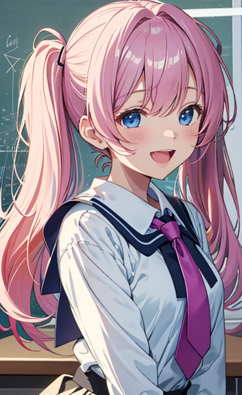 (masterpiece、top-quality、8k size wallpaper、offcial art)、(face focus:1.6,portrait,upper body:1.6)、(1girl),(very loud laugh,Open mouth:1.3),(closed eyes),cute face,blue eyes、twintails、
,(stand),
,(sexy body),(school uniform),(long fluorescence pink hair1.3), (small breasts)、
、fluorescence、classroom,JK、