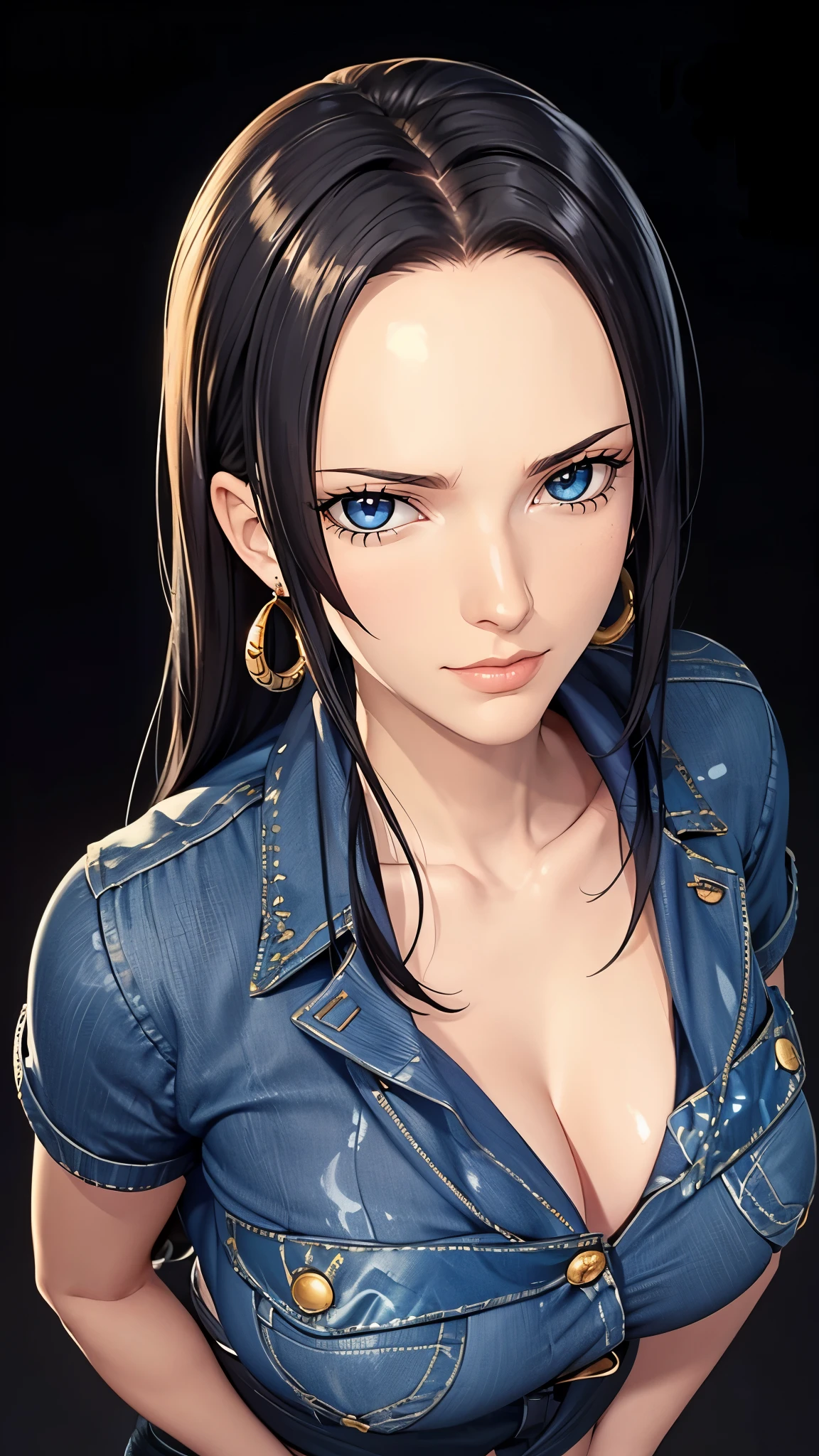 （（（完美figure，figure，Black T-shirt, denim jacket, denim shorts, （（（boa hancock，Dark long hair, combed with a chiffon hairstyle, slightly wide forehead smooth and flat, deep blue eyes, slender and delicate corners of the eyes, almond eyes exuding a hint of coldness, nose bridge high and straight, nose small and delicate, lips soft without any wrinkles. Wearing a pair of snake shaped golden earrings under the ears）））((masterpiece)),high resolution, ((Best quality at best))，masterpiece，quality，Best quality，（（（ Exquisite facial features，looking at the audience,There is light in the eyes，Happy，lol））），型figure:1.7））），（（（Interlacing of light and shadow，huge boobs））），（（（looking into camera，black background，looking at viewer
standing
from above）））