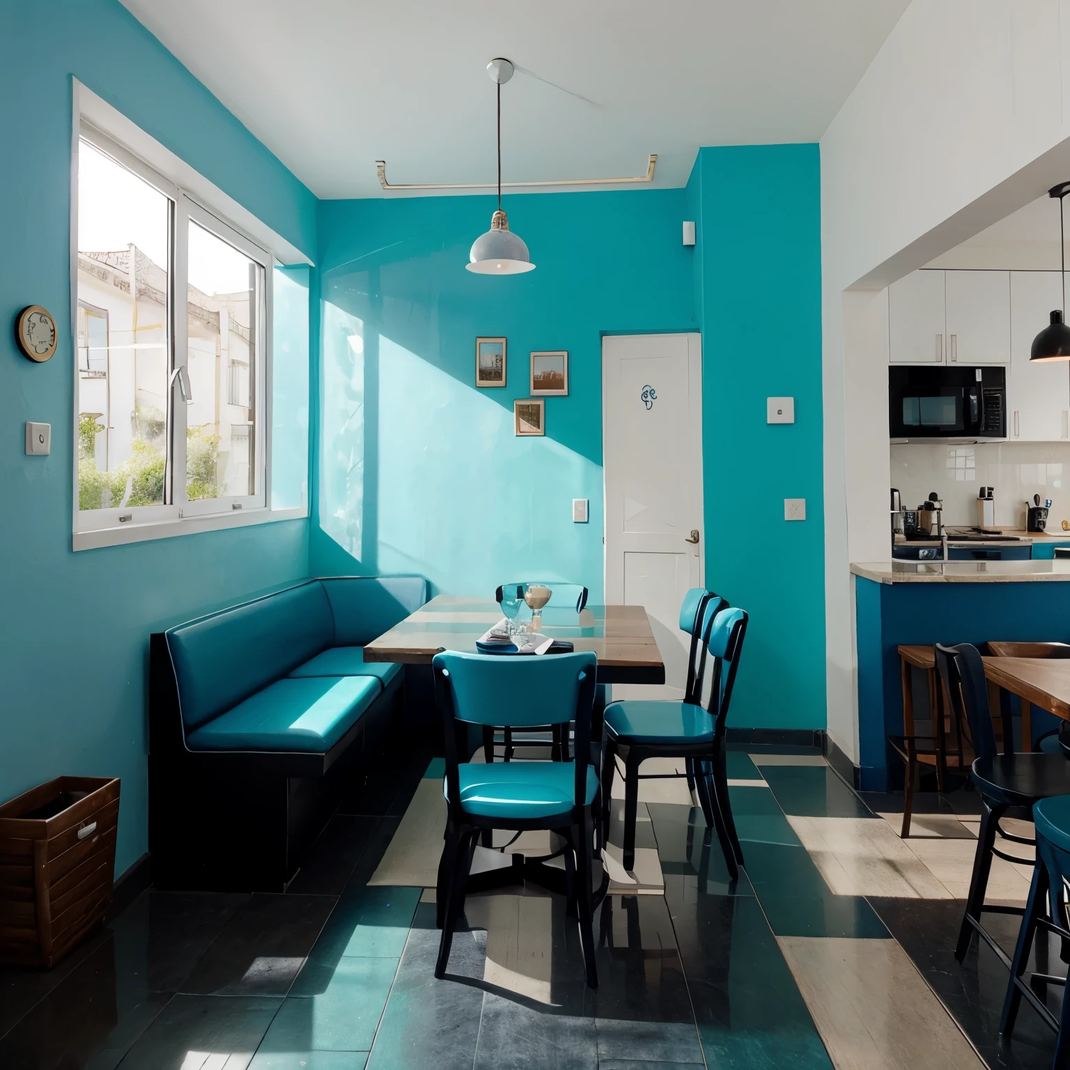 Cafe with blue colors, aqua, rosa, amarillo, negro, blanco