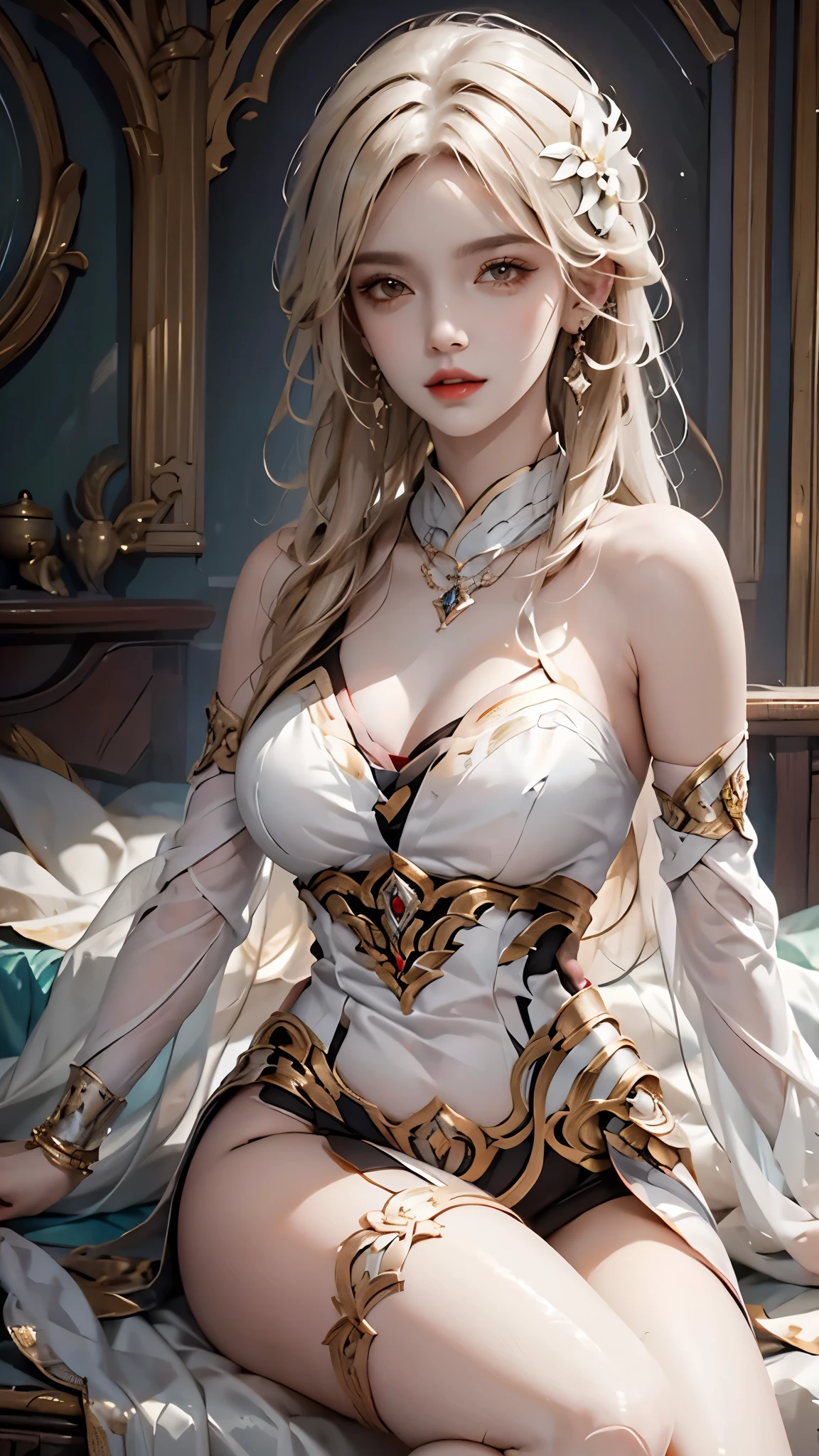 ((whole body)), 1 girl,alone, ((sitting position, Sexy legs)), ((bare shoulders)), red lips, cosmetic, close-up, elegant姿势, seductive pose, Perfect Curve, Slim, Sexy, big breasts, split, fair legs, charming gaze, bite lip, messy long hair, Simple and casual scene, Very detailed, Ultra-clear, best quality, official art, exquisite earrings, exquisite necklace, Very detailed description, Super beautiful painting, Exquisite features, elegant, fair, Super fine details, masterpiece, real texture, Movie Lighting Realism, masterpiece, best quality