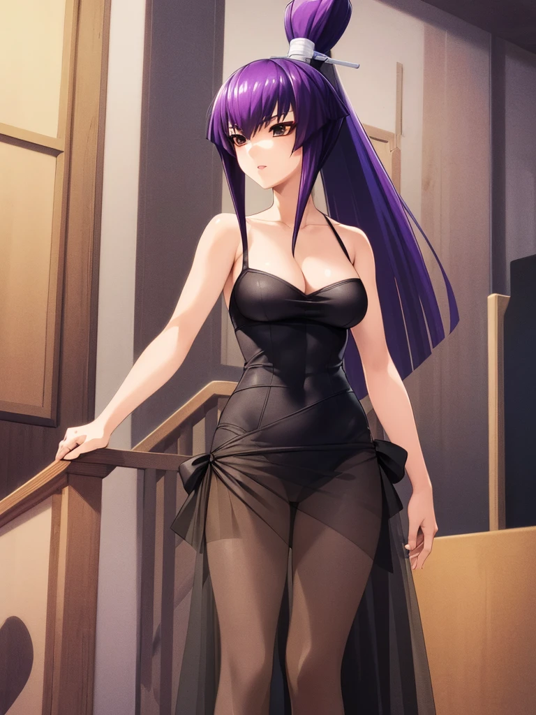  , Koubuin Yuuhi, , (((highres official art))) , (((1girl))) ,(((black see-through dress))) , blue hair , purple hair , high ponytail , standing ,party venue , (((cowboy shot)))