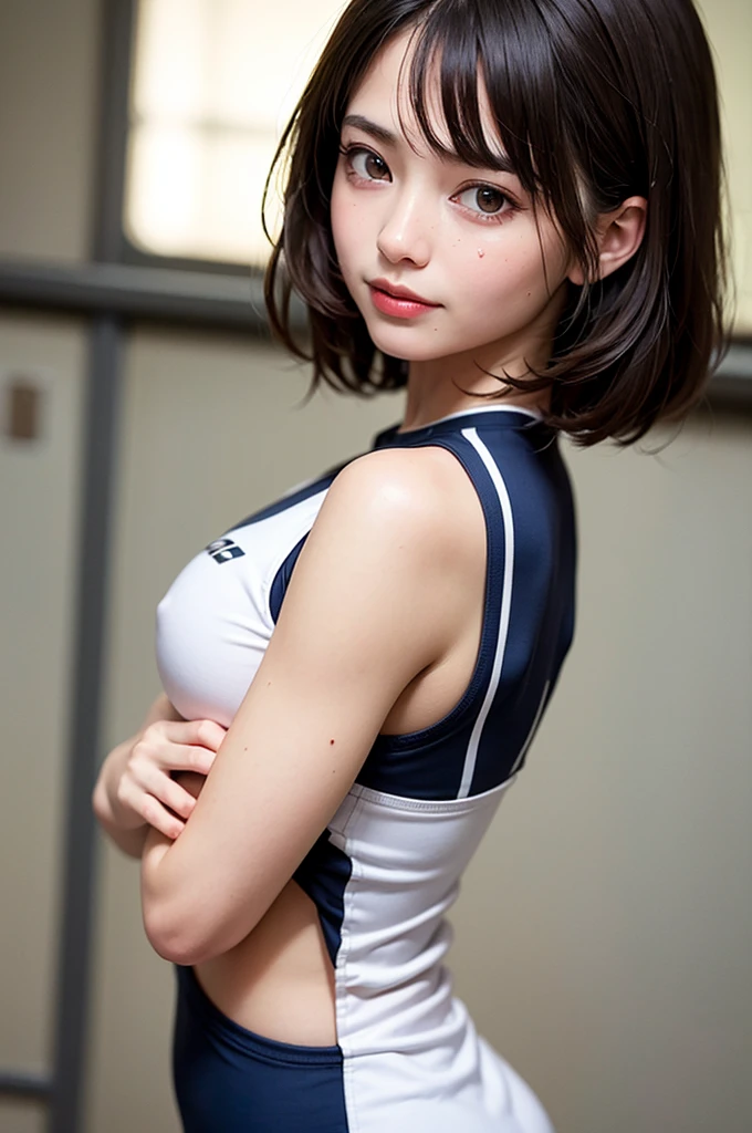 photorealistic,(masterpiece, best quality:1.1),rikujou,1girl,cute,teenager,(Track Uniform,Undressing),embarrassed smile,,bob cut hair,blunt bangs,beautiful detailed teeth, eyes with large brown irises, small mouth, fresh lips,nose blush,small breast, sweat,in Athletic field,beautiful lighting, volumetric lighting, dynamic angle, looking at viewer, (photographic portrait), sharp,nfsw,