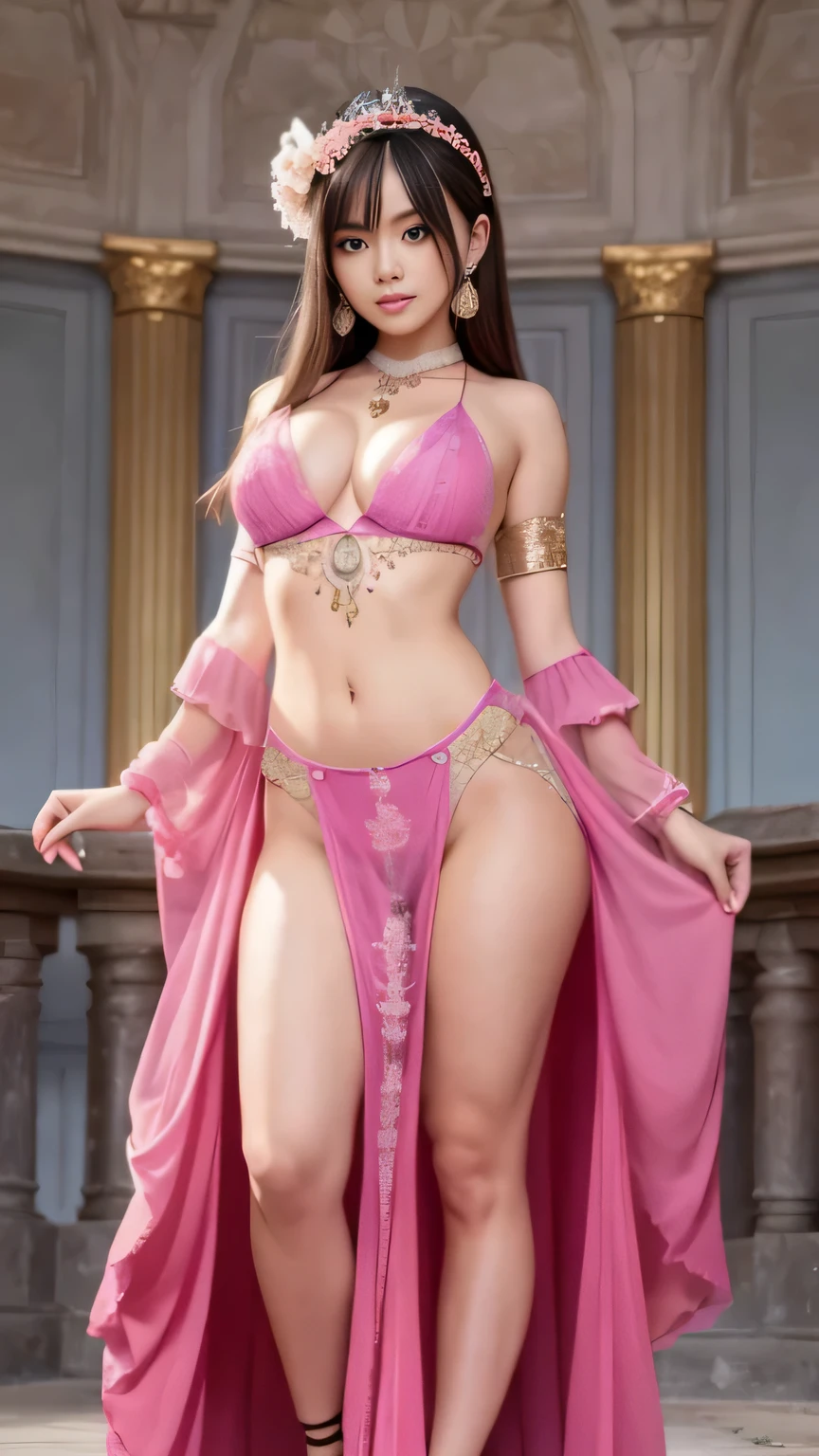 (((full body figure))), (just one woman),19 years old, (masterpiece, intricate details), perfect body, beautiful scenery, shiny skin (perfect hands), long brown hair, bangs, half bangs, pink earrings, Ring on right pinky finger, (((30% Shoulders exposed、Short pink blouse with a plunging V-neck, 10% ))), Leaf-shaped jade necklace under the chest