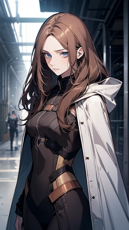 (disorganized, High resolution, super detailed), 1 female, beautiful, light blue eyes, brown hair, straight long hair,Bundled at the back,black suit,cloak,adult woman,25 years old,Quiet,Slender,pale,Are thin,Look sick,Calm,hangar,