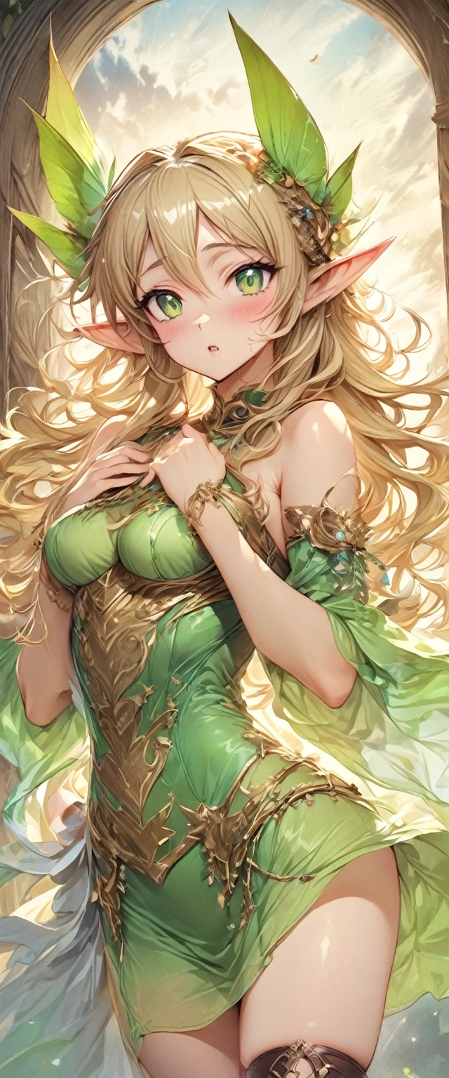 ((masterpiece)), ((best quality)), ((High resolution)), ((Extremely detailed CG unified 8K wallpaper)), ((Elf woman cartoon character, pointed elven ears, blonde wavy hair, green eyes, bare skin:1.2)), Cowboy shooting, Skin is moist and shiny, Wearing a flowing miniskirt and leather armor with gold embellishments, long leather boots, ((tilt head, View from the front:1.2)), The expression of holding back from going to the toilet, (Sexual pleasure expression:1.4), (expression of pain:1.2)、close eyes、Blushing face、Eyes half-open and blurry、sexy look、look up、mouth half open、Touch your chest with your right hand、whole body