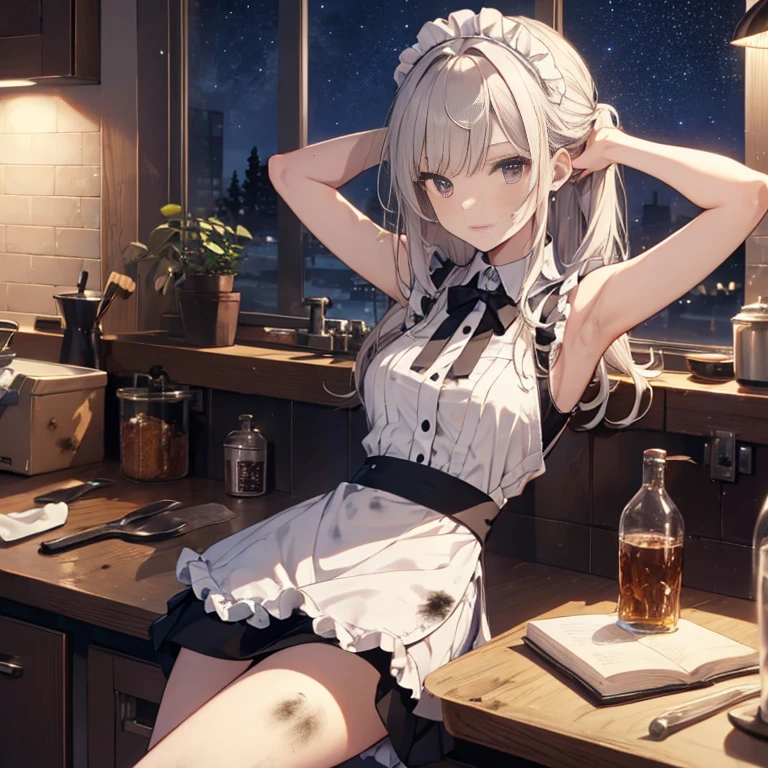 A group of maids, (in kitchen), various hair styles, harem, wearing maid uniform, night, details face, , short skirt, seducing, sleeveless , night, starry night, armpits, dirty