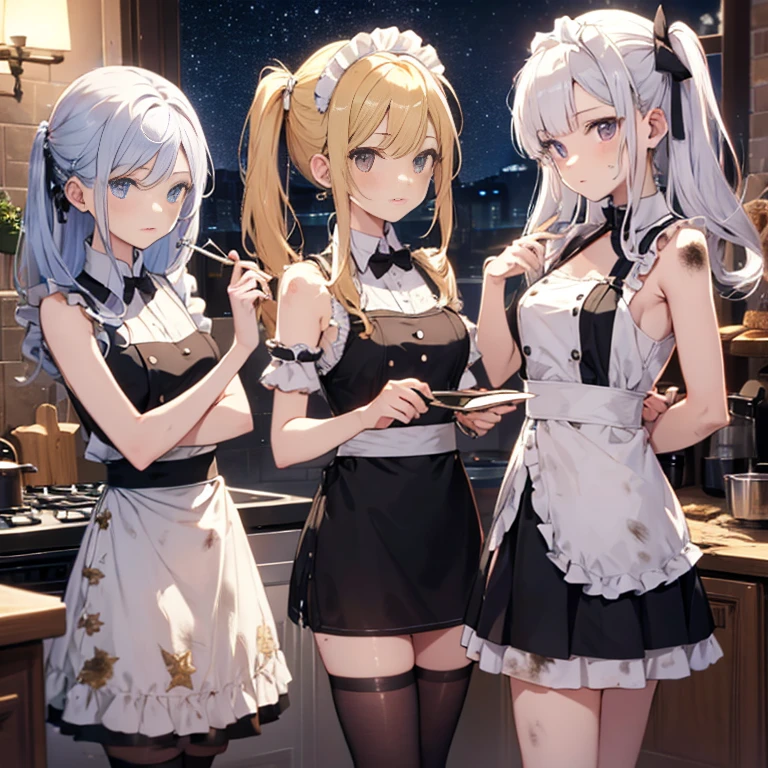 A group of maids, (in kitchen), various hair styles, harem, wearing maid uniform, night, details face, , short skirt, seducing, sleeveless , night, starry night, armpits, dirty 