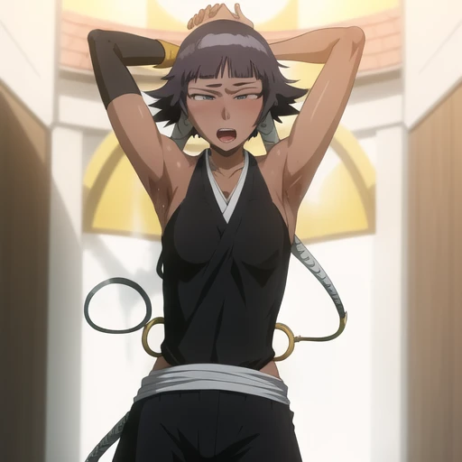 ( Animation screenshots:1.1),outdoor, Nipple Exposed, 1 girl, alone, black hair, side breasts,eternal, short hair with long locks, japanese clothing, - Hip vents, no underwear,short hair, small breasts, (white eyes:1.1),No eyeballs, Also available in black, No headwear,low double braids,Face the audience, looking at the audience, tired, from below, (Show armpits:1.1), ((Armpit:1.2)), Sexy, Sweat dripping, More and more sweat,(ahegao), (Roll your eyes), naughty face, blush, open mouth, Sticking out tongue, saliva, sloppy person,Runny nose,skinny, raise arms, (arms above head:1.5)