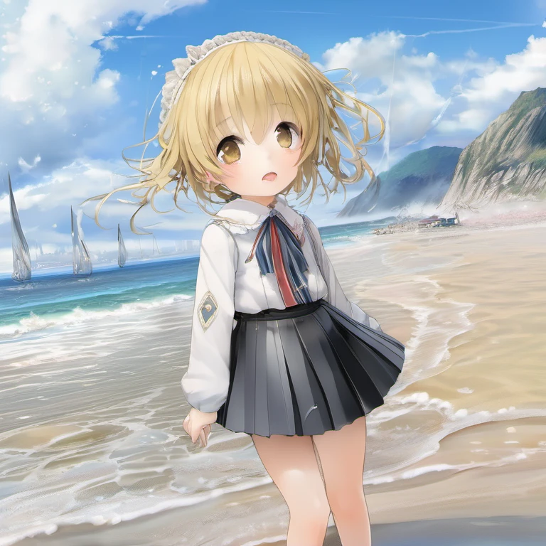 highest quality,very detailed,masterpiece,Super detailed,figure,beautiful detailed eye,Medium chest,,bare shoulders,blonde hair ,hair_Pull,fetus_Location,seaside,High resolution,bell,Wet day,continue,pleats_skirt,交差した前hair,head tilt,eyeの中のハート,foot_garter,In winter,yukkuri_shiteitte_teeth,4 But,frown,bright_eye, 