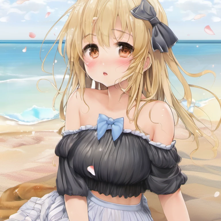 highest quality,very detailed,masterpiece,Super detailed,figure,beautiful detailed eye,Medium chest,,bare shoulders,blonde hair ,hair_Pull,fetus_Location,seaside,High resolution,bell,Wet day,continue,pleats_skirt,交差した前hair,head tilt,eyeの中のハート,foot_garter,In winter,yukkuri_shiteitte_teeth,4 But,frown,bright_eye, 